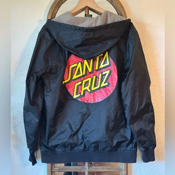 Santa Cruz Skateboards Black Windbreaker Hoodie Jacket Small Zip Up Streetwear - Picture 1 of 8
